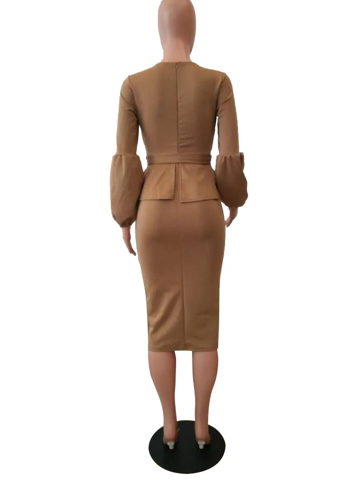 Puff Long Sleeve Bodycon Office Hip Package Pencil Midi Dresses A327