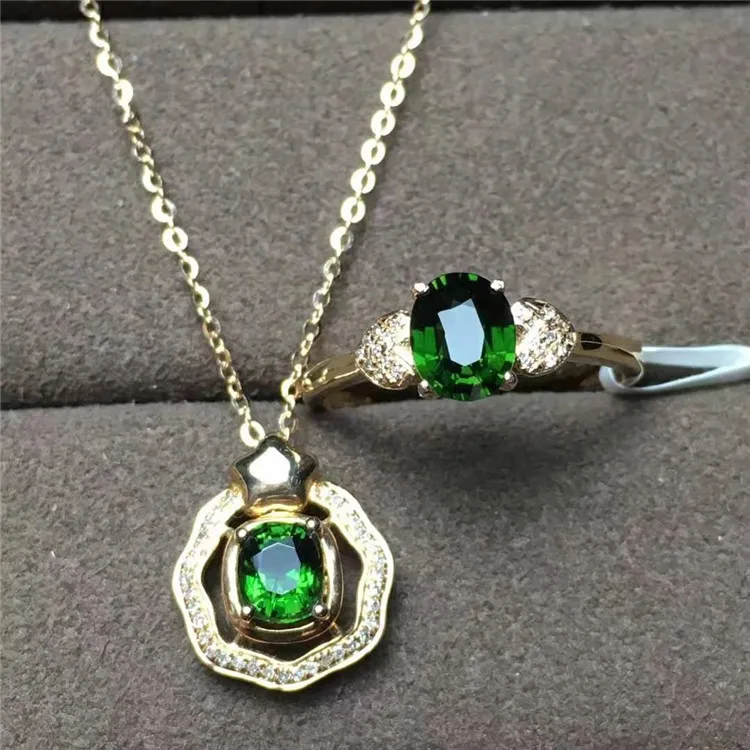 

party wear gemstone diamond jewelry with price 18k gold green tourmaline pendant necklace ring set for women