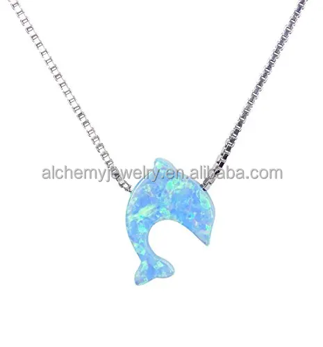 

Dolphin charm fire synthetic Opal Necklace GemStone Pendant Necklace Women Jewelry Collar, Silver