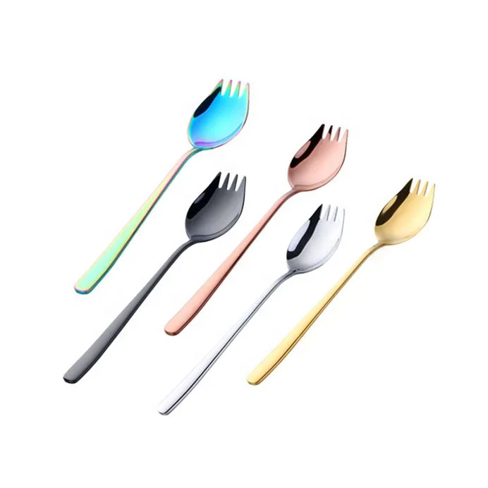

High quality 304 stainless steel plating gold spork salad serving spoon and fork, Silver;rainbow;black;rose gold;gold
