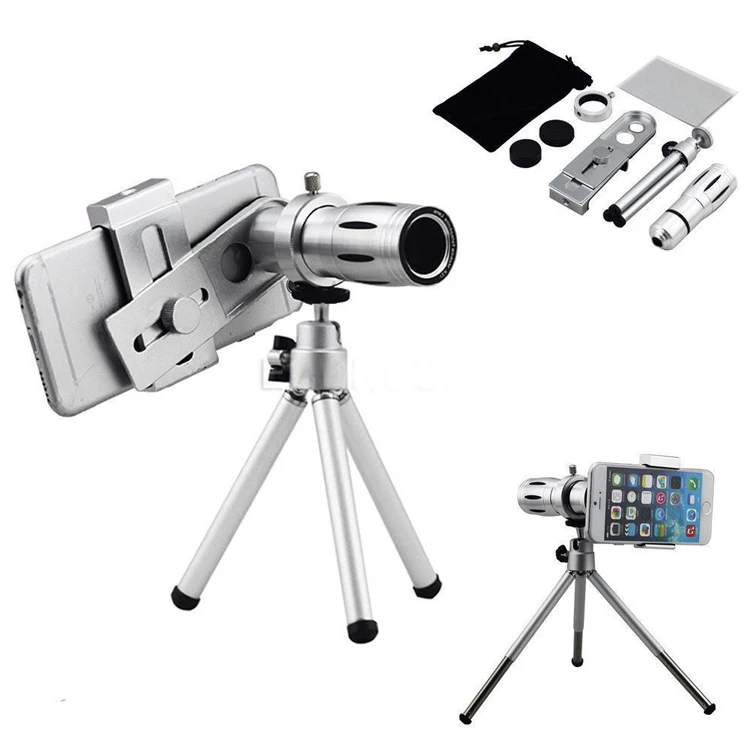 

Optical Lens Camera Telescope Lens Camera Lens 12X Zoom + Mount Tripod For iPhone Samsung Telephoto Phone Cheap Sale, Silver