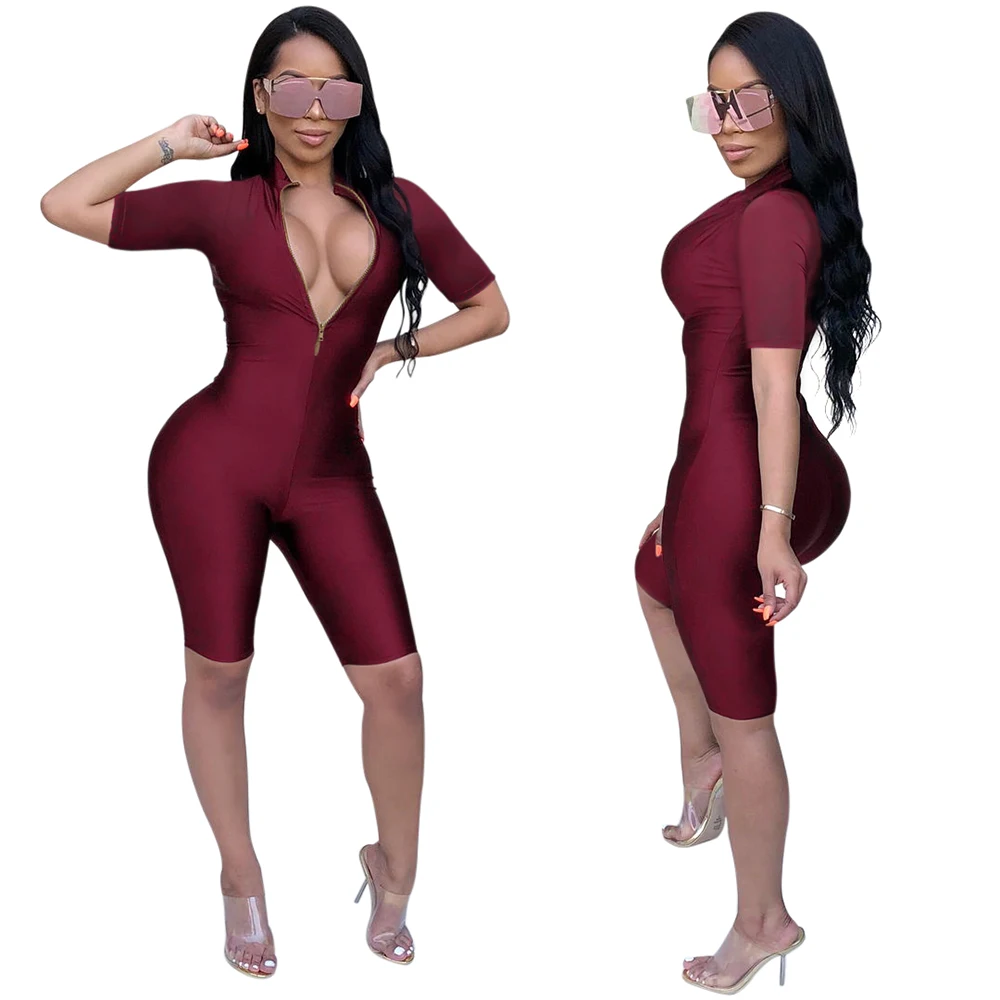 

WNAK8642 burgundy solid zipper bandage bodycon sexy short jumpsuit women, N/a