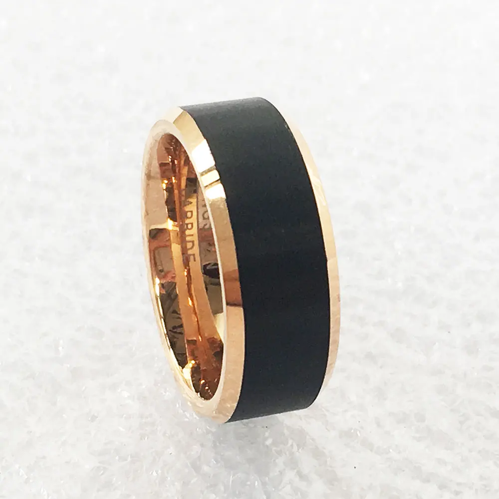 

8mm brushed tungsten carbide steel 8mm wide Outer black inner rose gold color blank finger cock rings for men ip plating