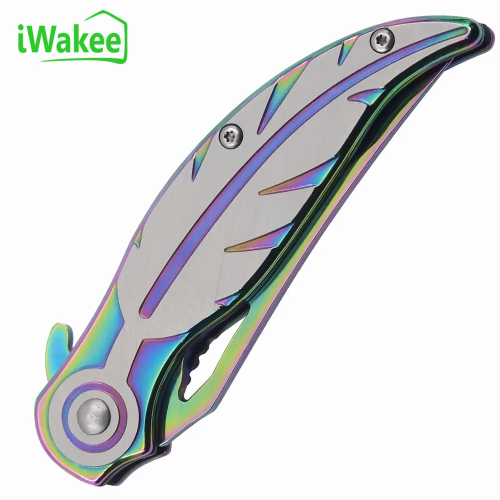 Leaf Shape Rainbow Titanium Camping Folding Knife Rescue Survival Bowie