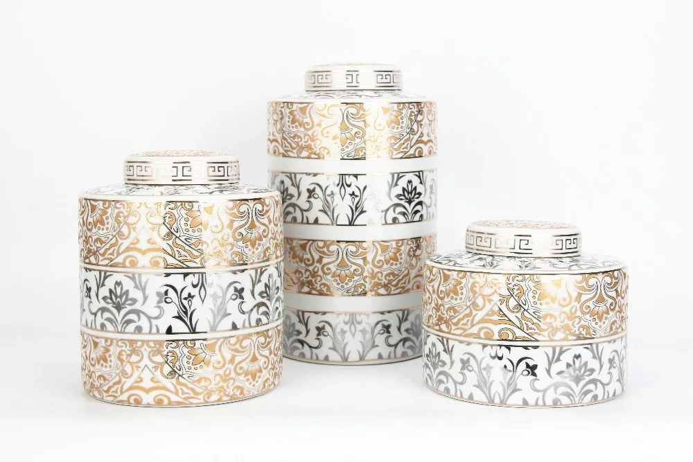 Luxury Custom Spice Jar Set Gold Silver Flower Pattern Round Spice
