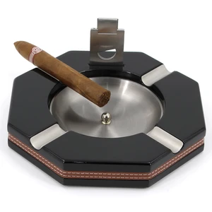 Image of black for 4 cigars luxury customized printing logo diy wood and leather set cigar ashtray
