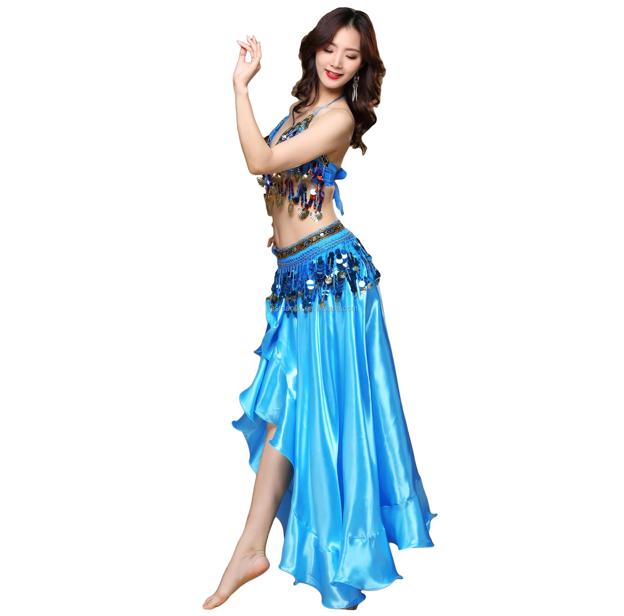 Bestdance Women Belly Dancing Split Wave Satin Skirt Sequin Top ...