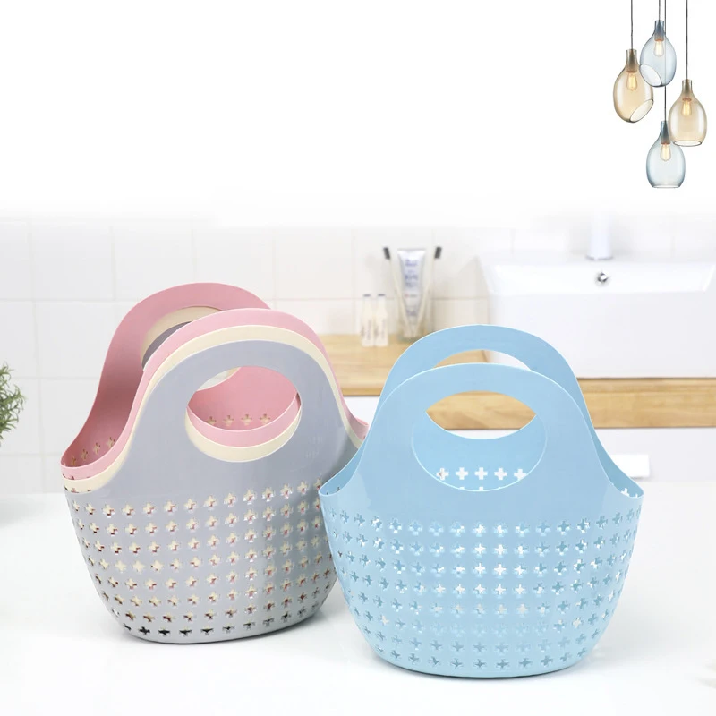 

Plain double circular hand held bath basket plastic wash basket hollow out bathroom dirty clothes basket student, 4colors