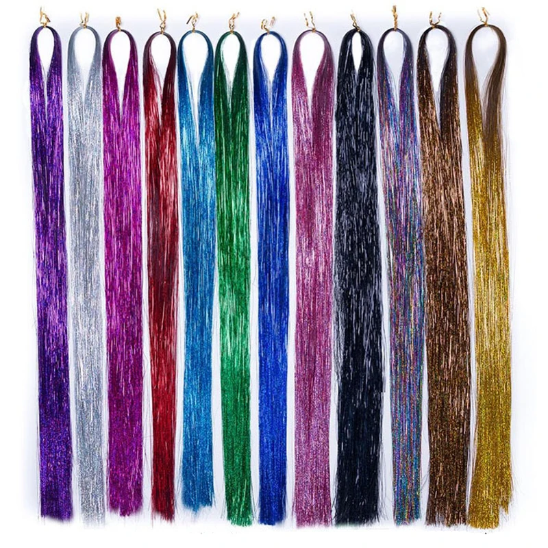

Synthetic Hair Laser Glittering Sparkling Dazzle Colorful Tinsel Hair Extension Hot Sale Sparkly Women 120CM 600pcs Straight