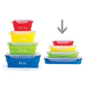 Image of Set of 4pcs air tight food grade collapsible silicone food storage container and lunch box