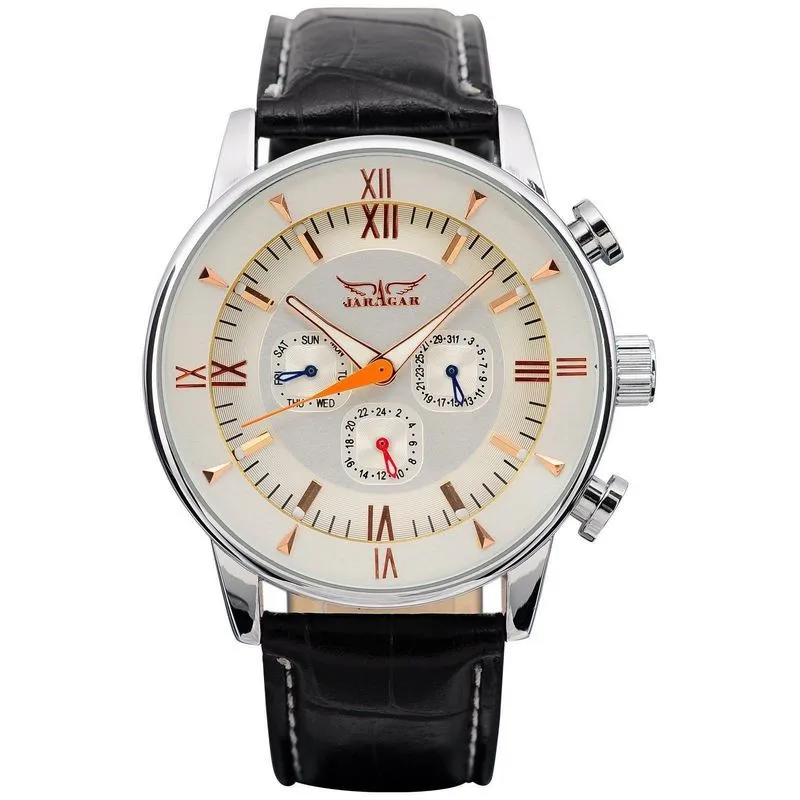 

New 2016 JARAGAR Watches Men's White 6 Hands Big Dial Automatic Mechanical Wristwatch, Black white