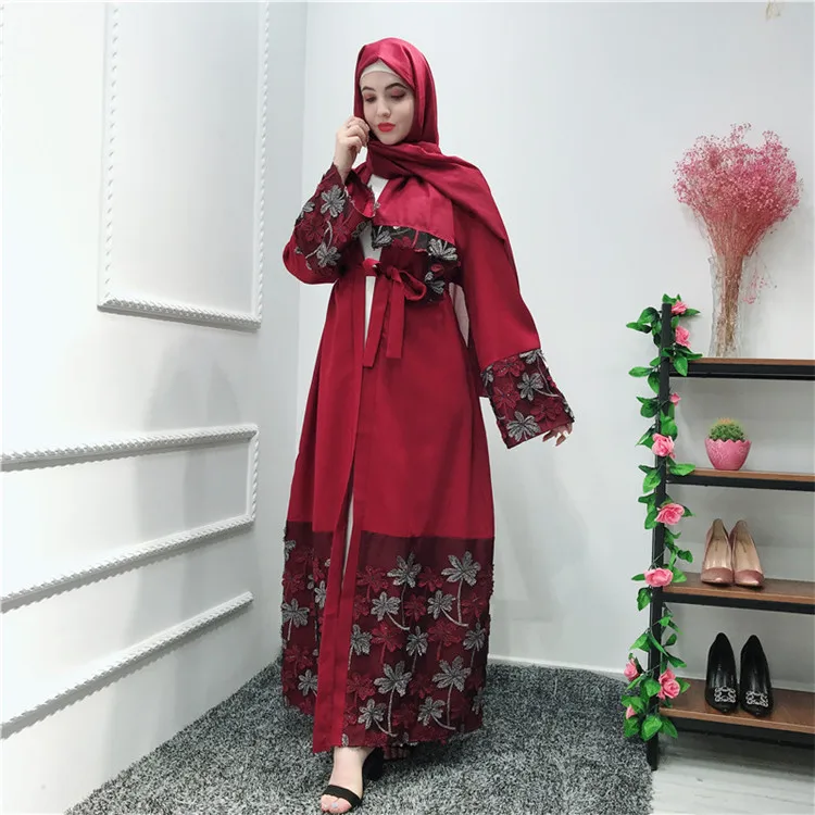 

New Collection 3D flower decoration muslim women front open dress abaya, Wine red,navy