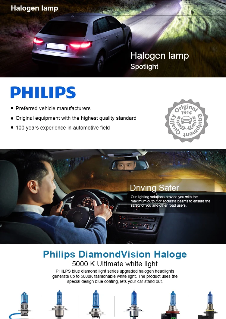 Philips Diamond Vision H7 12V 55W PX26d 12972DVS2 5000K Cool White Light  Car Halogen Headlight Hi/