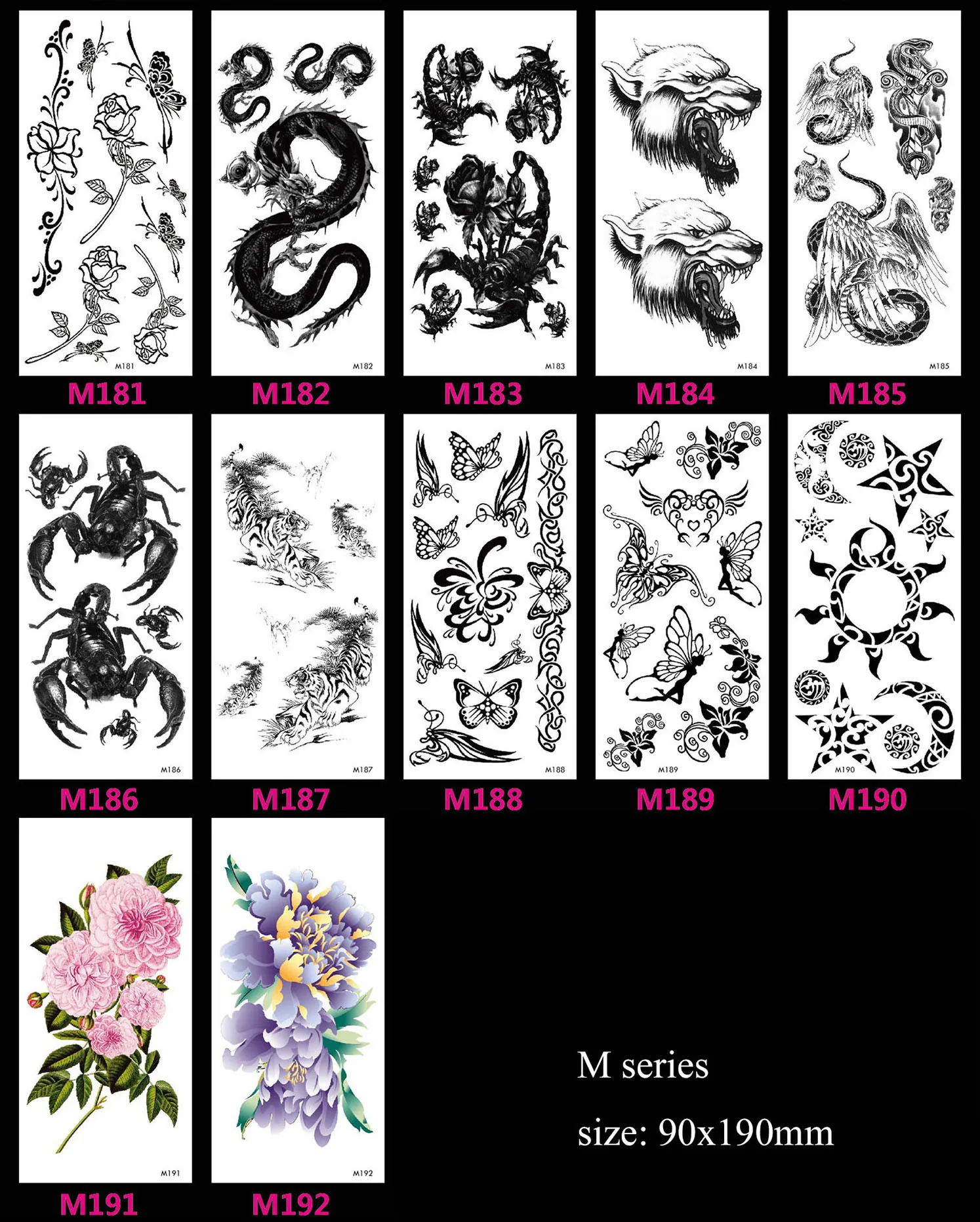 M 161-200 Black White Colourful Temporary Tattoo For Fashion Man Custom