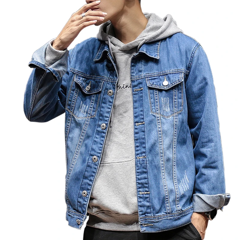 

2019 new casual men denim men student plus size loose jean jacket coat, Blue