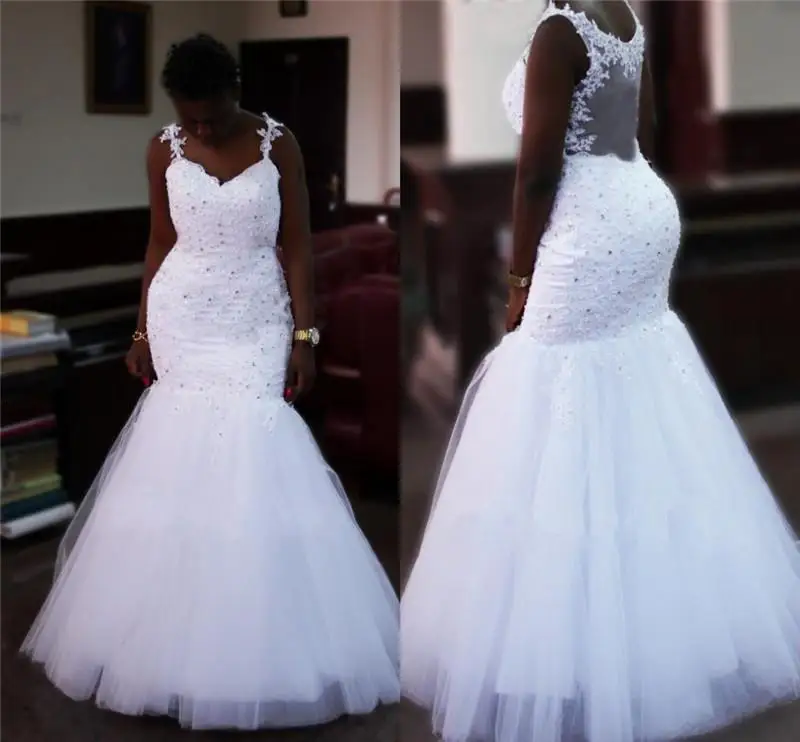 

NE283 Mermaid Wedding Dresses Lace Appliques With Crystal Beading Customized Black Women African Style Bridal Bride Gowns, Default or custom