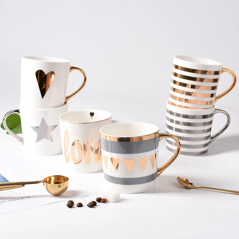 

NO MOQ Sweetheart Gold plated heart shaped valentine's xoxo day porcelain tableware SGS Eco-friendly tea and coffee mug, N/a