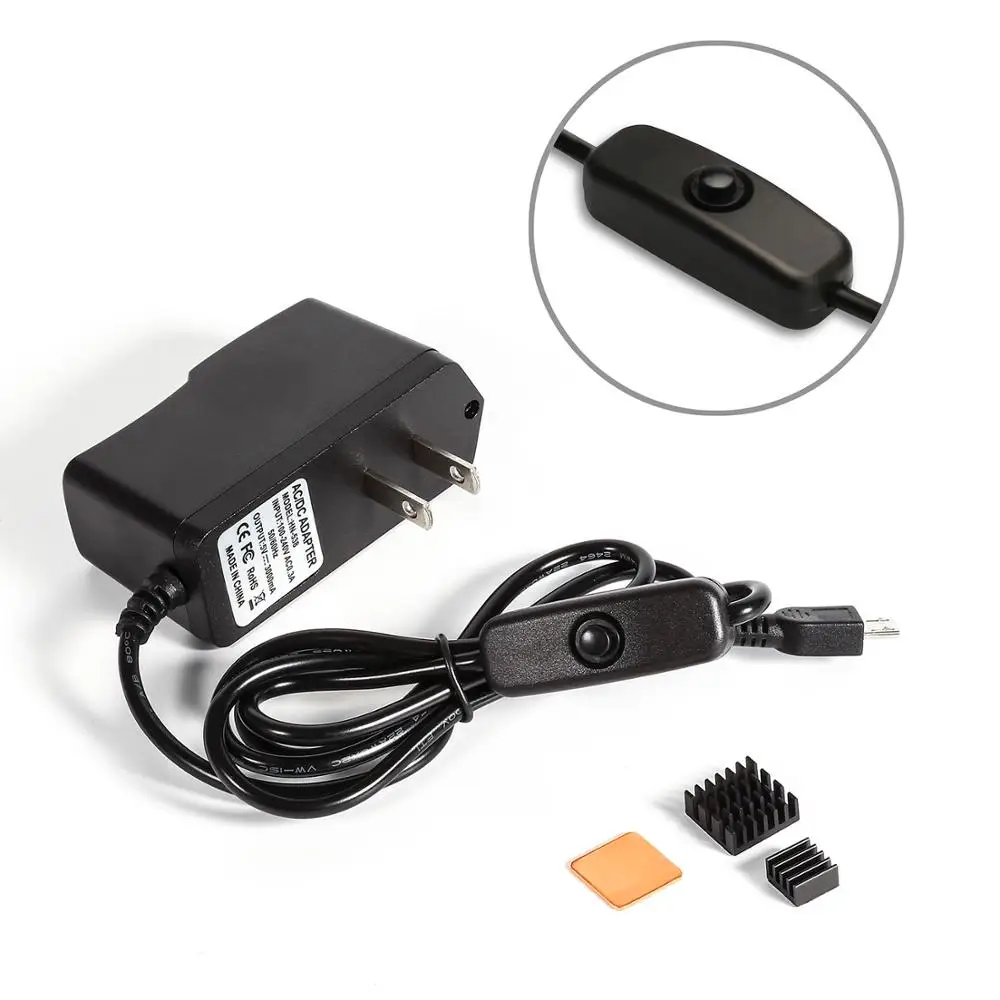 

Enokay New Style 5V 3A power supply for raspberry pi charger with stick on /off and heatsinks, Black