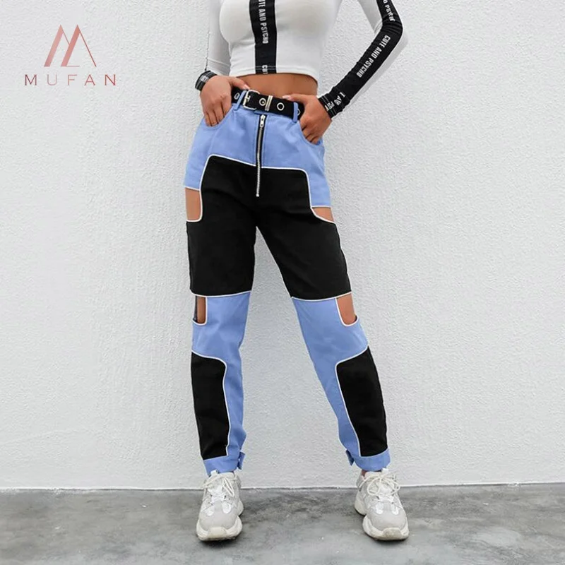 Women Hip Hop  Hollow Out High Waist Cargo Pants Streetwear Patchwork Jeans Pant Sweatpants