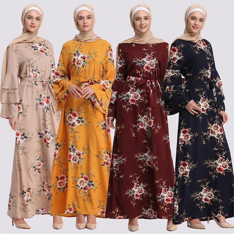 

2019 Islamic Dress Floral Print Abaya Flare Sleeve Moroccan Abaya Hijab Kaftan Robe Long Dress Muslim