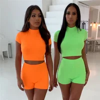 

2019 Ladies 2 Pieces Sets Sleeves Crop Top Women Cycling Shorts Set