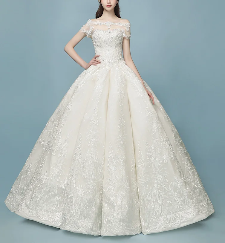 

2018 word shoulder lace embroidery sequins wedding dress wholesale, Model's color
