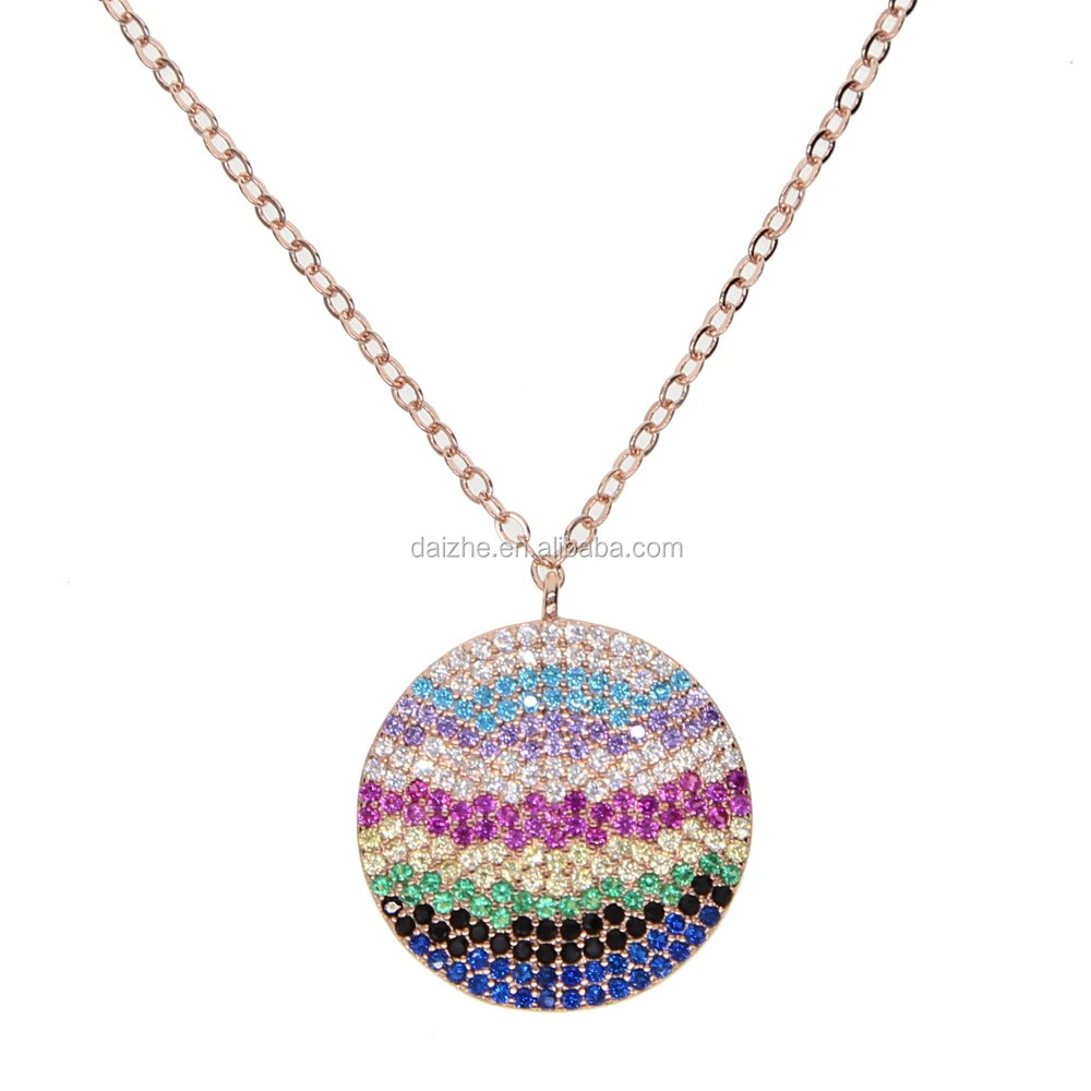 

2021 fashion rainbow cz paved sun round shape pendant with mirco pave cz pendant necklace with rose gold plated for women, Black