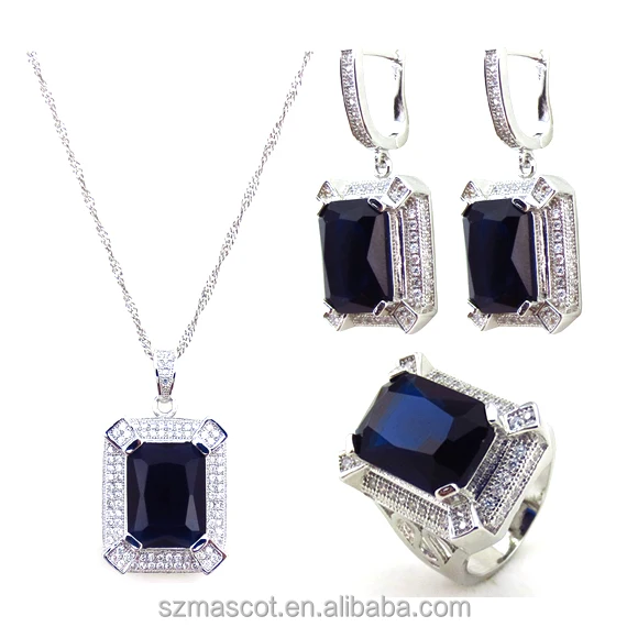 

latest flash square dark blue cubic gemstone bijouterie prong setting jewelry set, Customerized