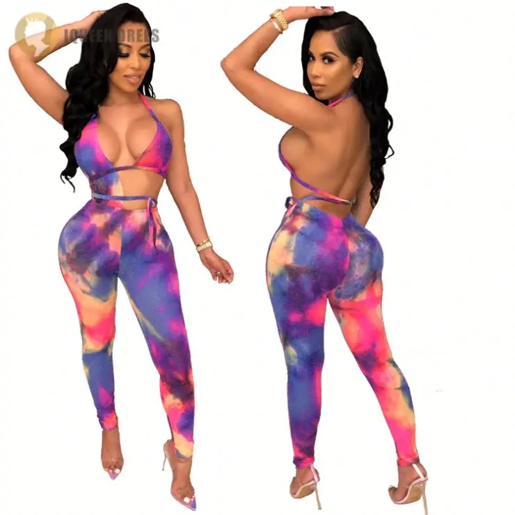 

A060019 wholesale tie dye bandage bodycon backless halter top summer sexy clubwear jumpsuit