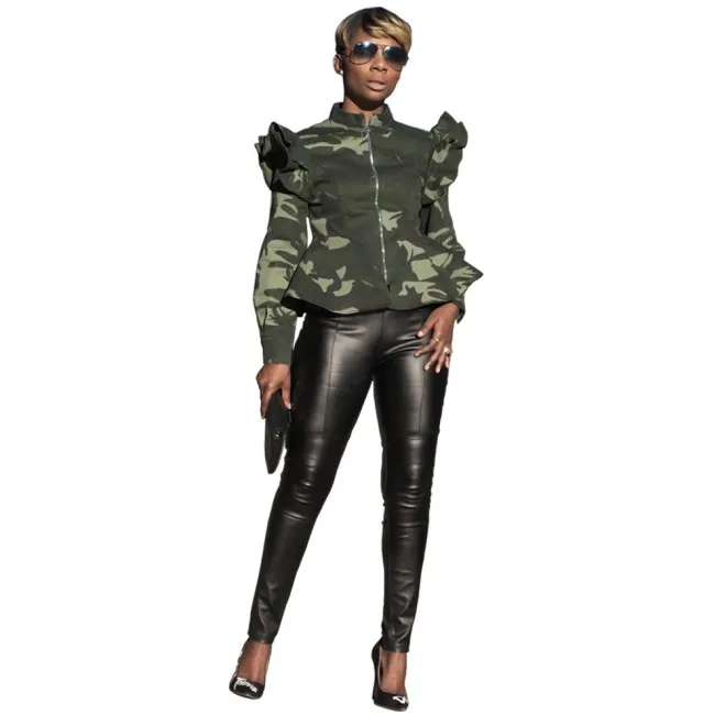

Women Casual Stand Neck Shoulder Ruffle Front Zipper Long Sleeve Camouflage Plus Size Jacket Coat A455