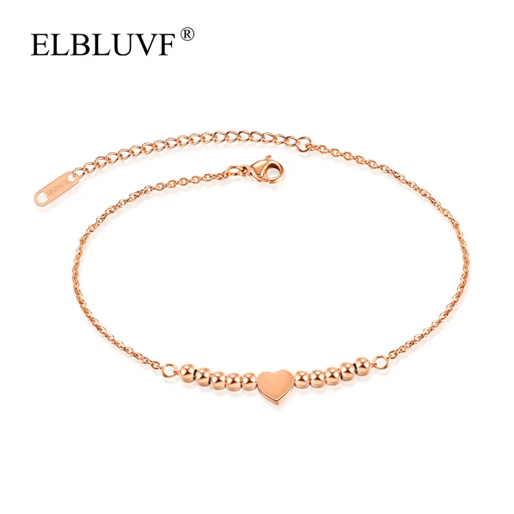 

ELBLUVF Free Shipping Stainless Steel Jewelry Rose Gold Plated Heart Shape Ball Chain Anklet