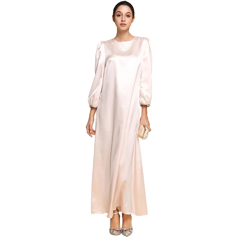 

A3361 Women's Elegant Modest Muslim Kaftan Full Length O-Neck Pink Color Block Runway Abaya, As main picture show