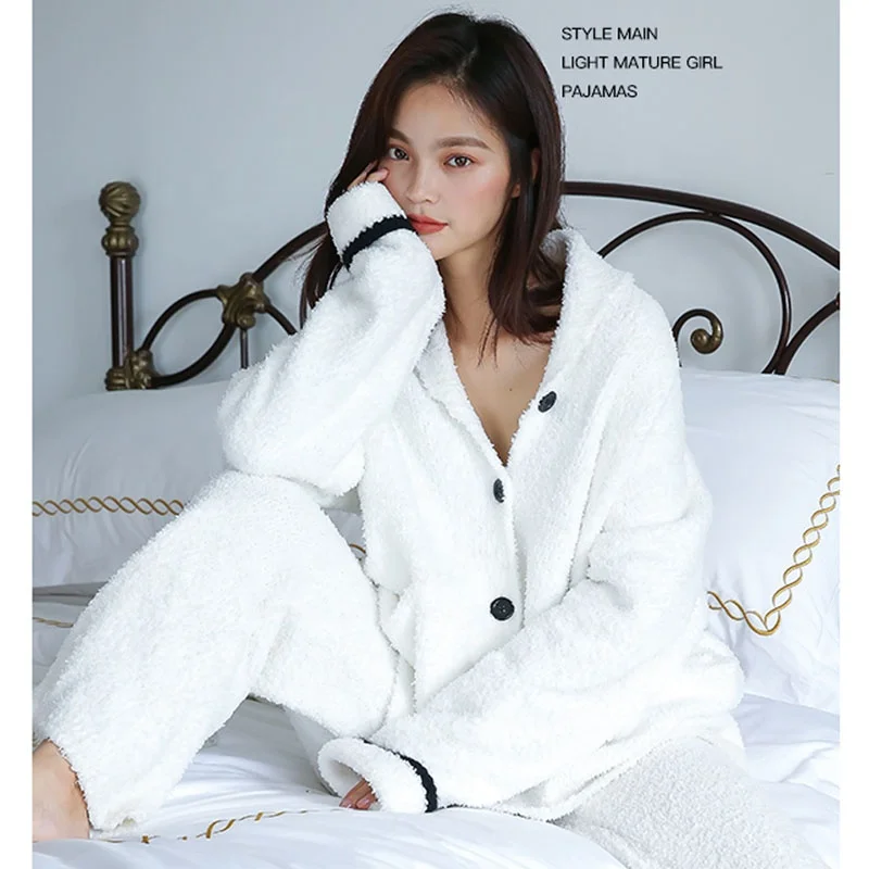 
2020 spring new cardigan pajamas women thick warm simple long sleeve two-piece soft large size home service suit 