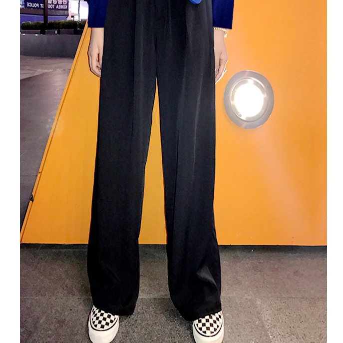 

2019 Latest Office Lady Black Baggy BF High Waist Broad Legged Trousers