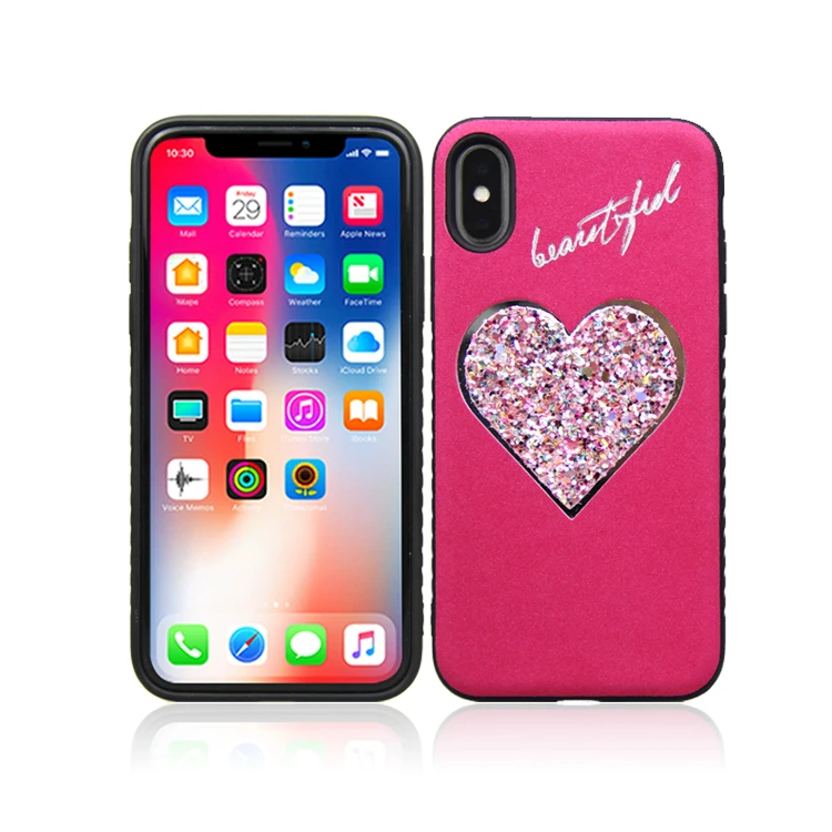 

Glitter Phone Case Heart Shape TPU Cover For IPhone X XS Sticker Case