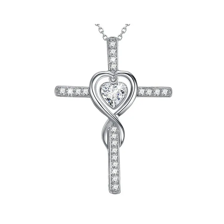 

925 Sterling Silver CZ Love Heart Infinity God Cross Pendant Necklace, Picture