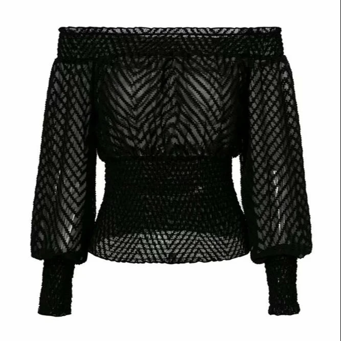 

Women lady sexy luxury long sleeves off shoulder chiffon transparent trendy lace design blouse