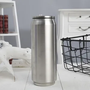 Image of 17oz Double Wall Stainless Steel Cola Shape cans tumbler with Flip-up Straw High Quality Vacuum beer Cola cans bottle