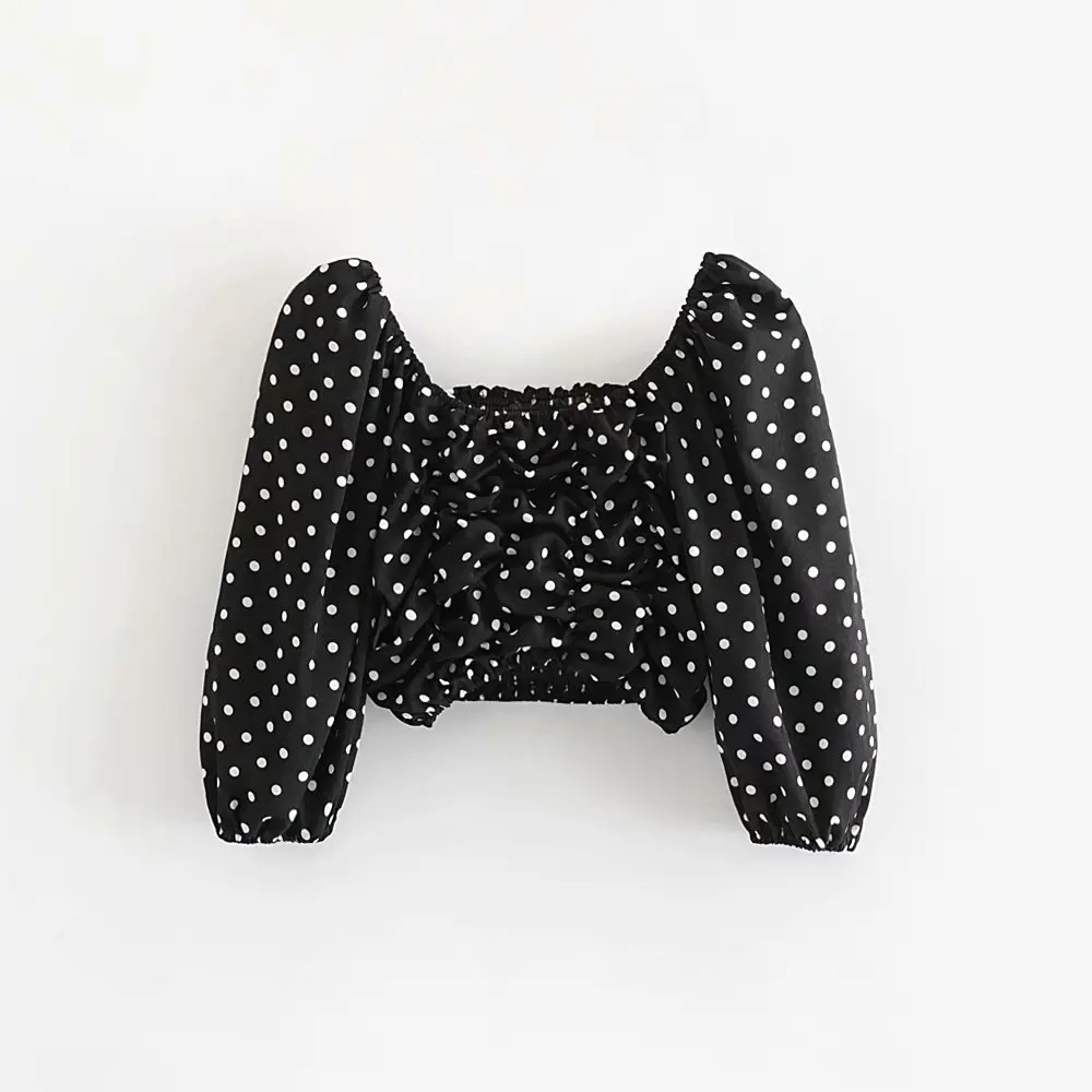 

Square neck half sleeve polka dot printed crop top mujer women summer blouse