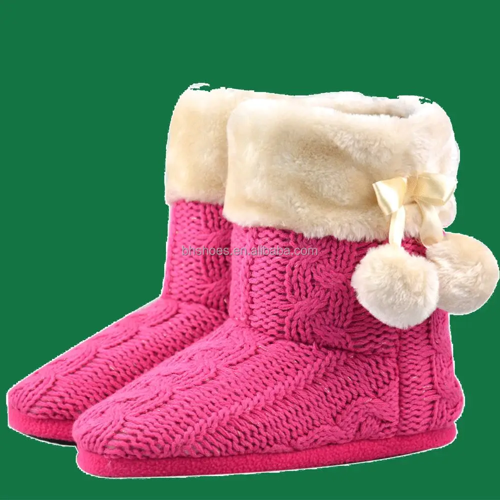 BHS096687 faux fur pompom tie cuff women's knit boot slipper boot