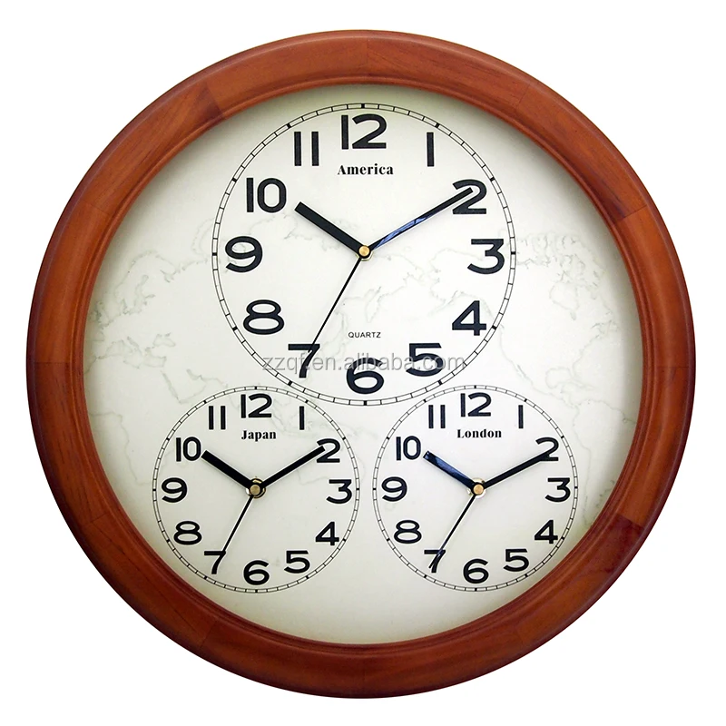 18w38lr130 3 World Time Zones Creative Wooden Wall Clock For Bank