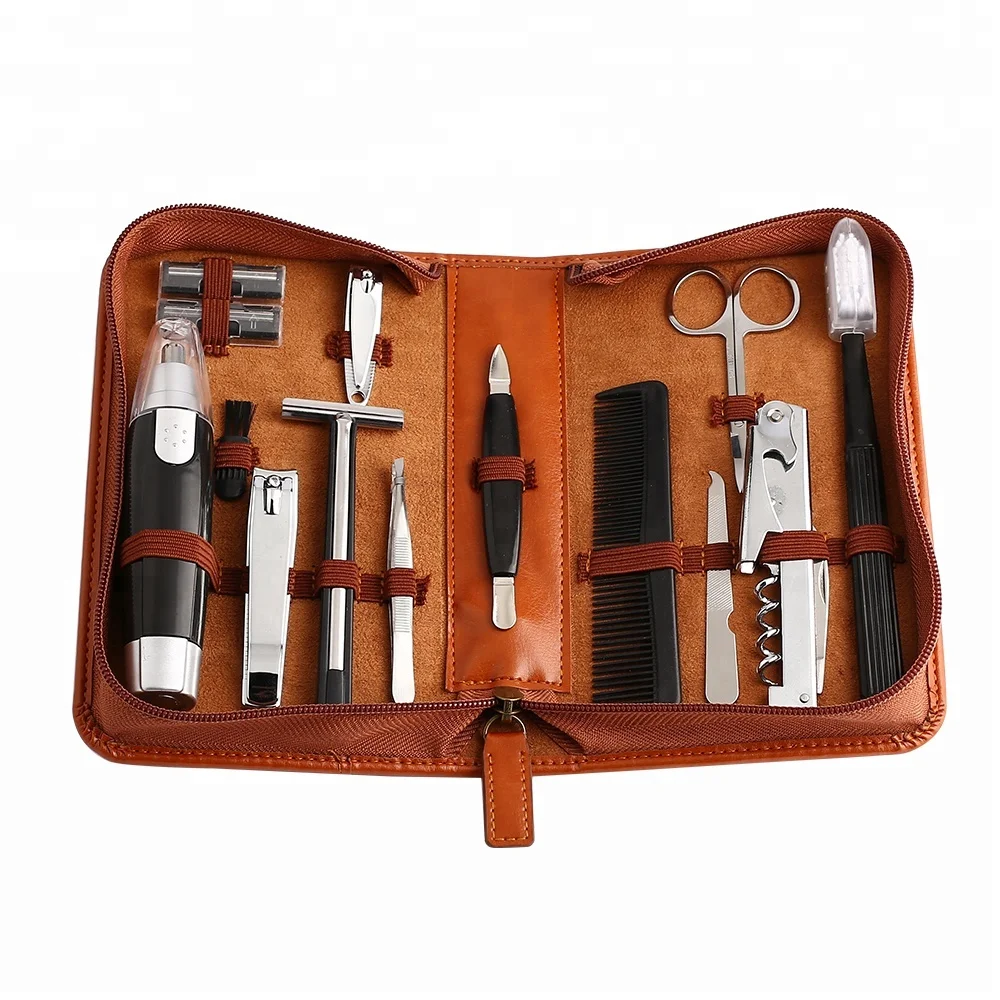 

Best design leather pouch 14 in 1 mens grooming kit stock beard grooming kit