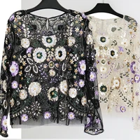 

Women Embroidery Sequin Beading Blouses Mesh Floral Long Sleeve Round Neck Glitter Party Banquet Bown Shirt