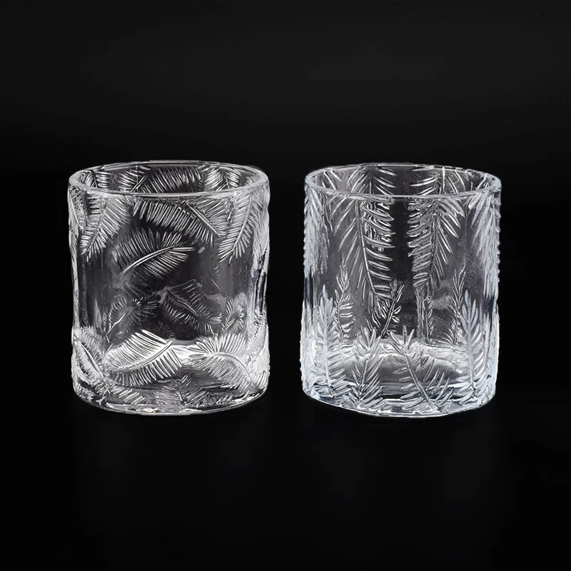 Cylinder customized leaf pattern candle vessel glass candle holder cup home deco