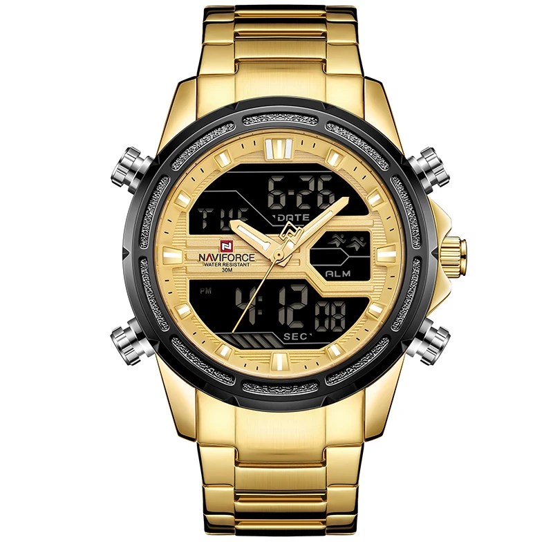 

Naviforce 9138 Brand Military Dial Luxury Stainless Steel Led Analog Dual Time Clock Waterproof Sport Digital Quartz Watch Men