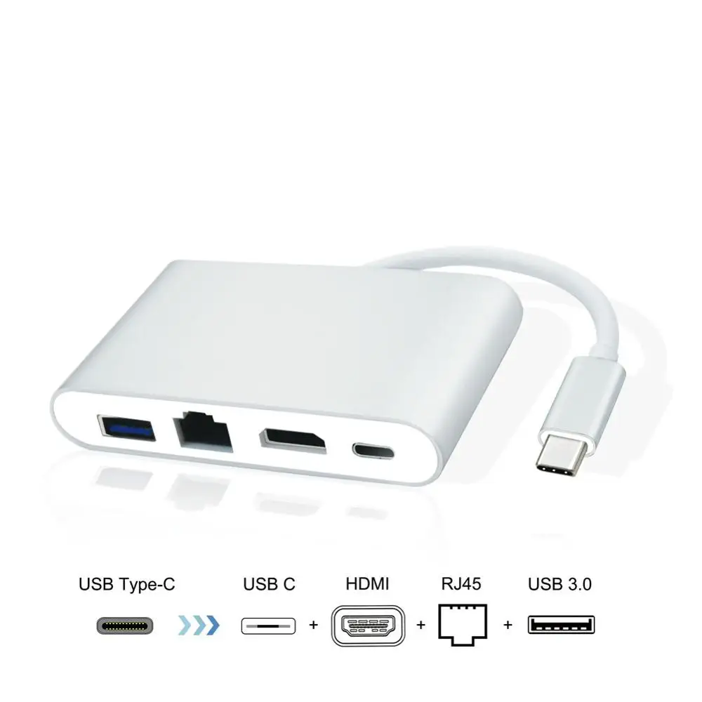 

Factory Price USB3.1 Type c to HDMI+USB 3.0Type A+RJ45 Gigabit Ethernet+USB Type C PD Power Delivery Charging Port Hub Adapter, Silver