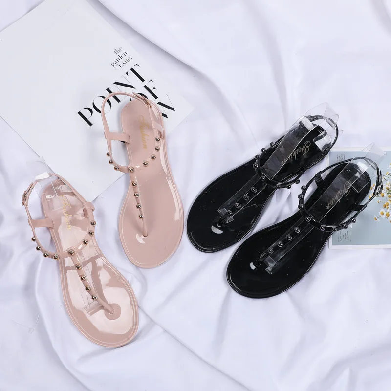 

SD-059 2019 fashion rivet fli[p flop Soft PVC plain Flat Jelly Sandals For Women beach ladies antiskid water poof sandals