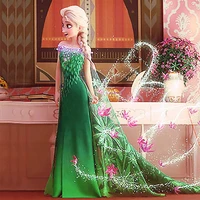 

Beautiful cosplay Frozen Elsa princess green printing floor length girls party dress