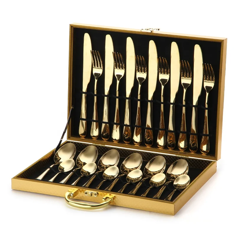 

24pcs Stainless Steel western french bright gold flatware Kitchen Cutlery Tableware Dinnerware Utensil with wood case