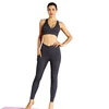 Women 2 Two Pieces Set Gym Yoga Cloth Sports Wrap Crop Tank Top Bra and High Waist Leggings Workout Suit Grey Color